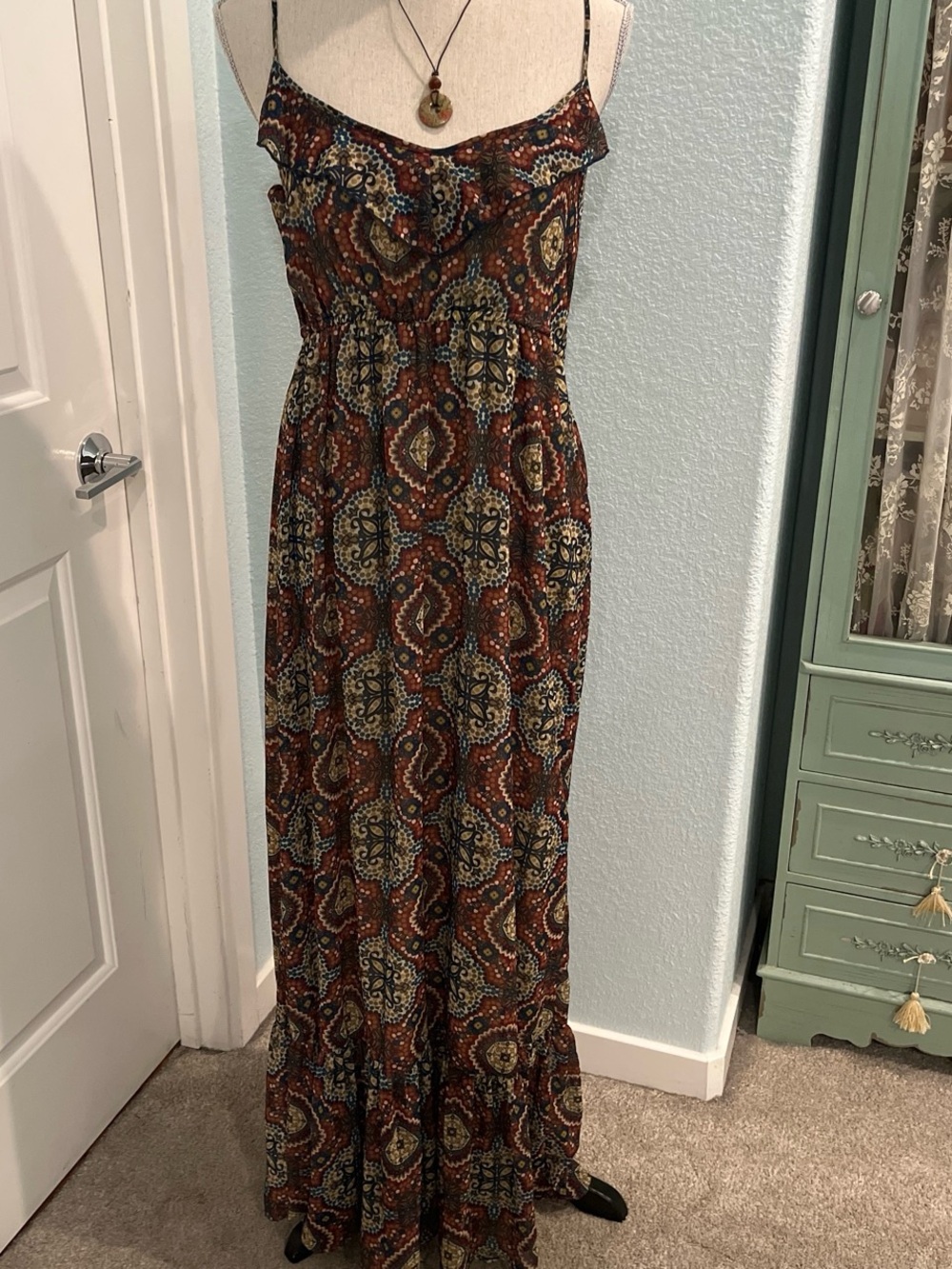 eyelash couture Rust Paisley Ruffle-Trim Maxi Dress